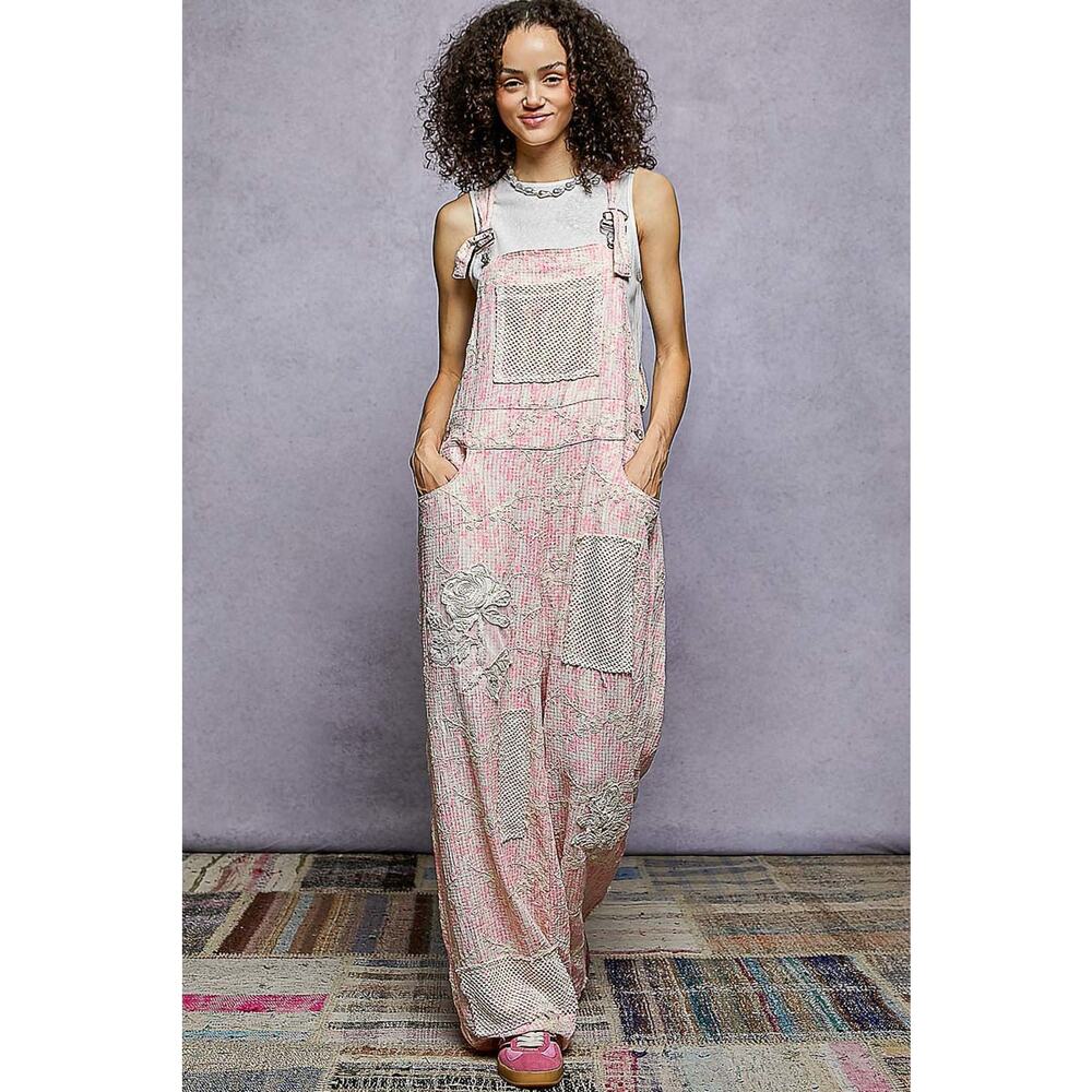 "Daisy Chain" Floral Embroidered Overalls in Pink
